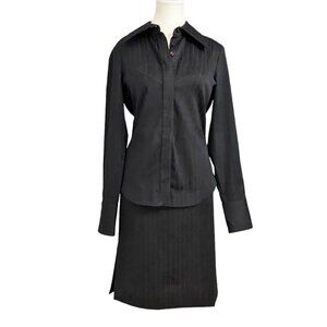 PHILIPPE DUBUC WOOL BLEND BLACK RASPBERRY PINK STRIPED BLOUSE SKIRT COORD SET